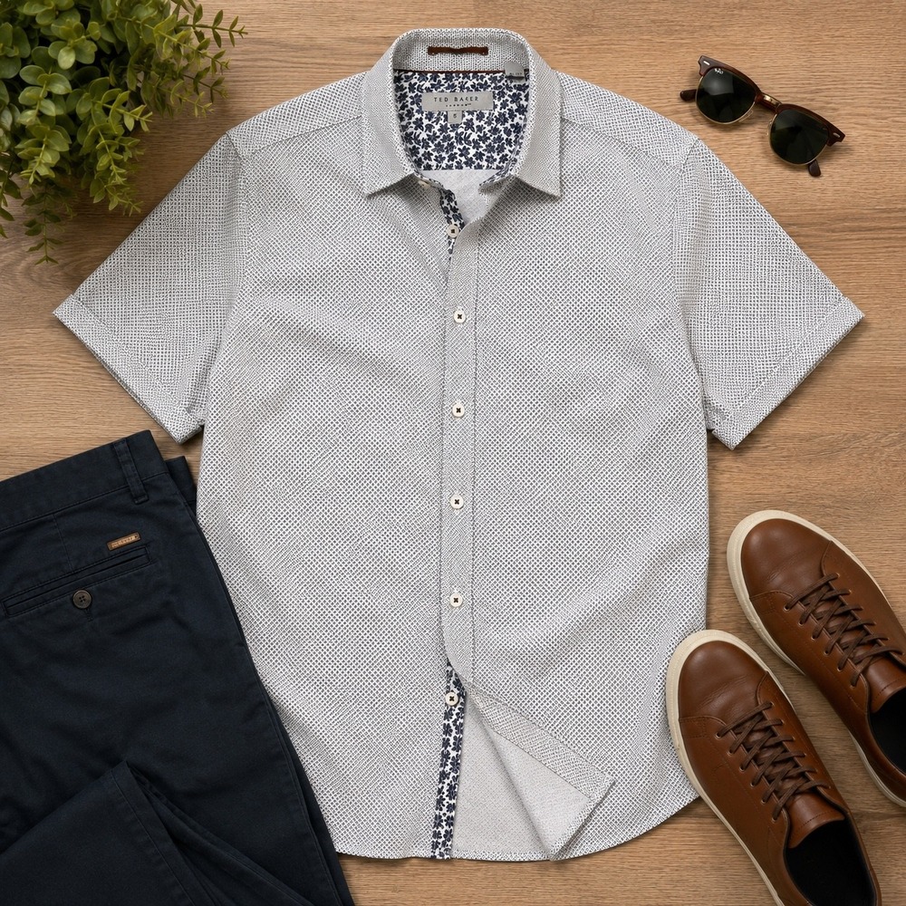 Ted Baker Mens Size 5 L XL Shirt Designer Button Up Geometric Print White Black